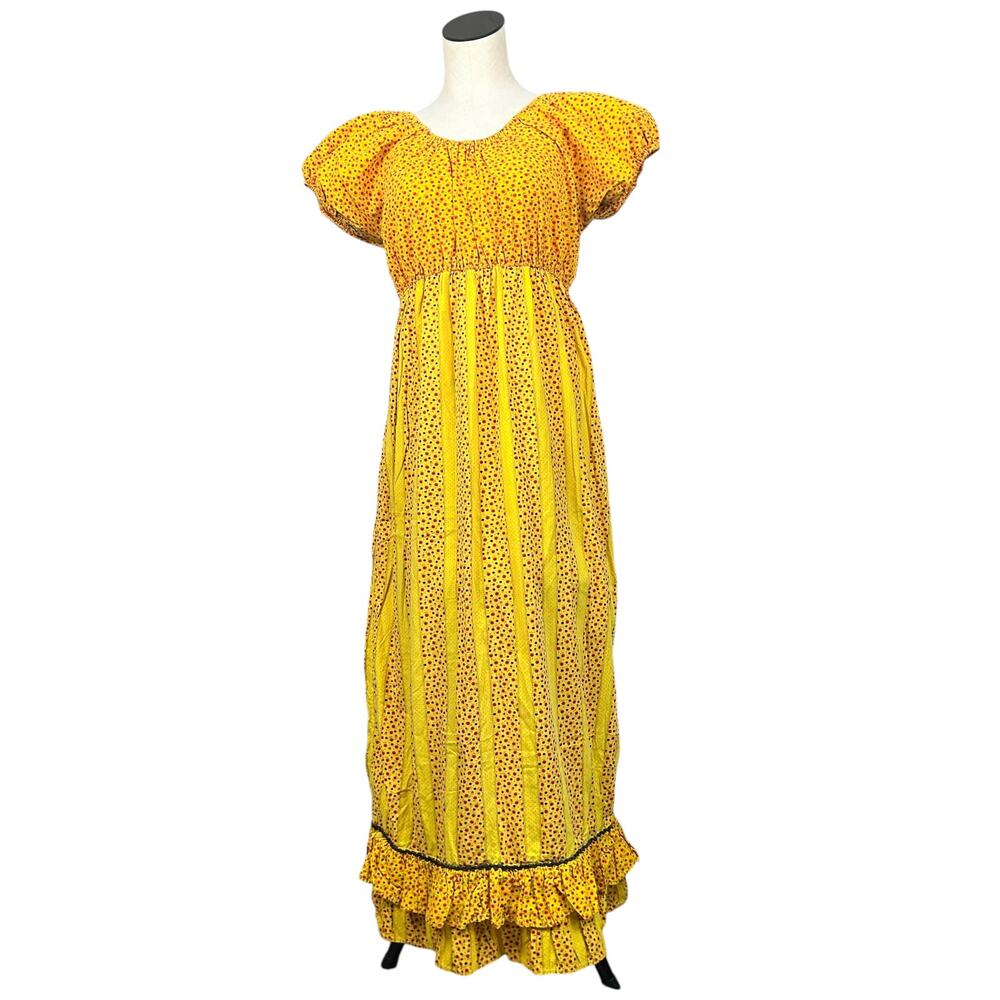 Vintage 70s Handmade Yellow Floral Cap Puff Sleeve Empire Waist Maxi Dress M